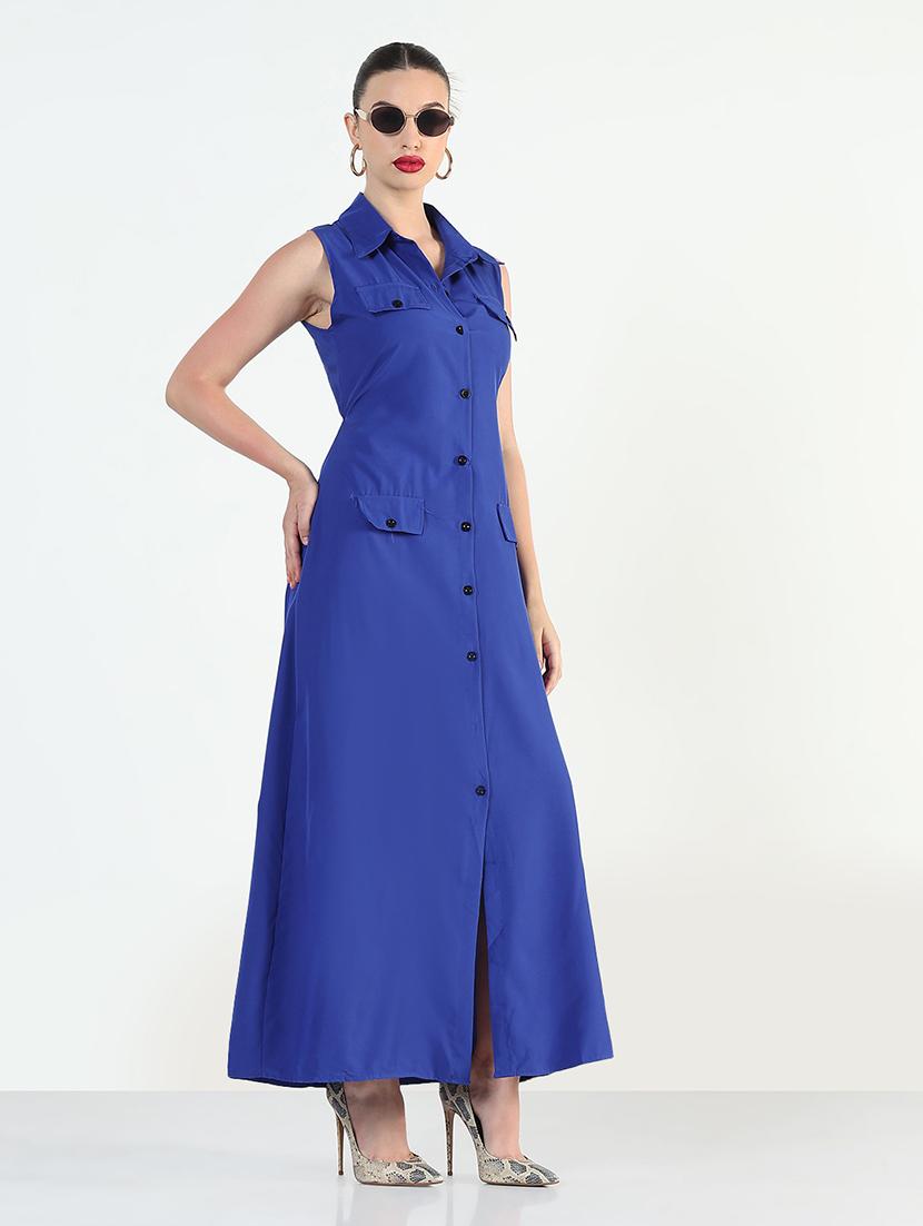 women blue solid collared sleeveless shirt dress - 21946345 - Standard Image - 3