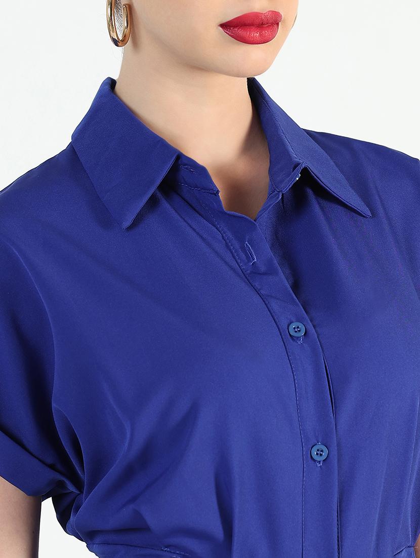 women blue solid collared shirt dress - 21946347 - Standard Image - 5