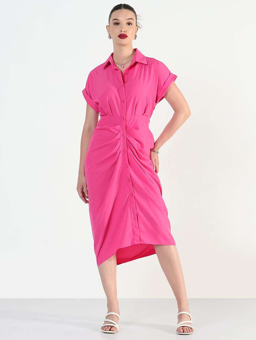 women pink solid collared shirt dress - 21946348 -  Zoom Image - 0