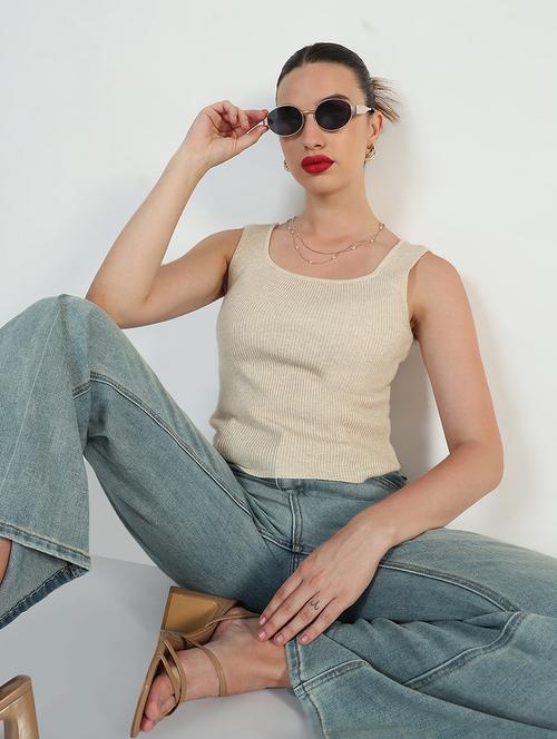 women beige solid sleeveless tank top - 21946360 - Standard Image - 0