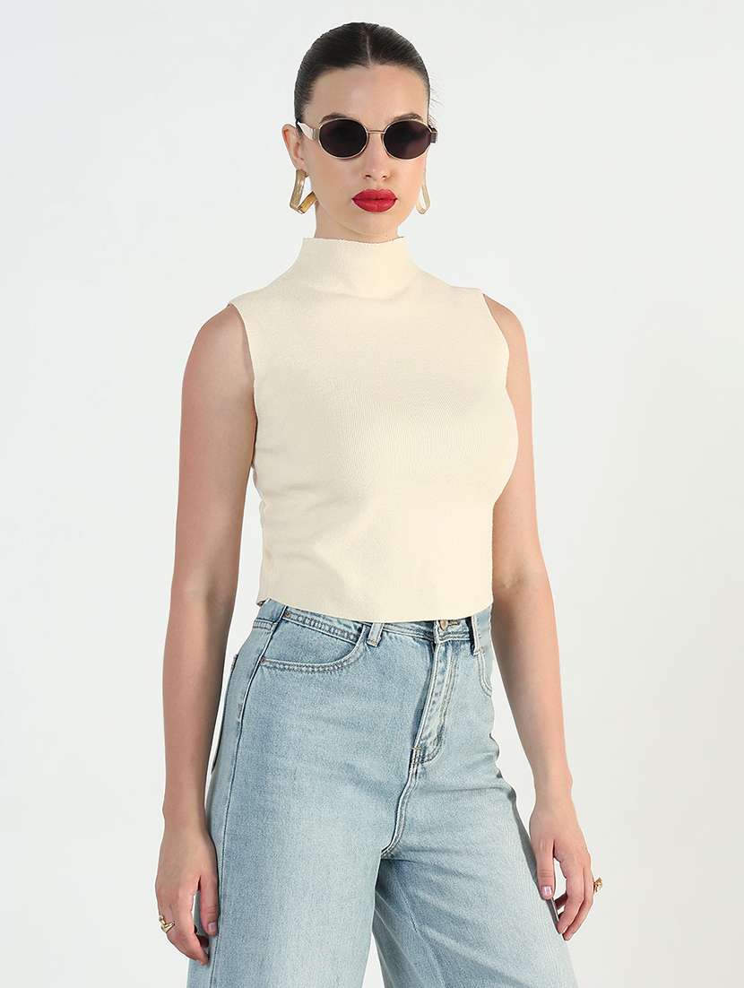 women cream solid high rise sleeveless top - 21946365 -  Standard Image - 3