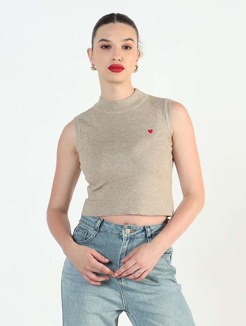 women beige solid high rise sleeveless crop top
