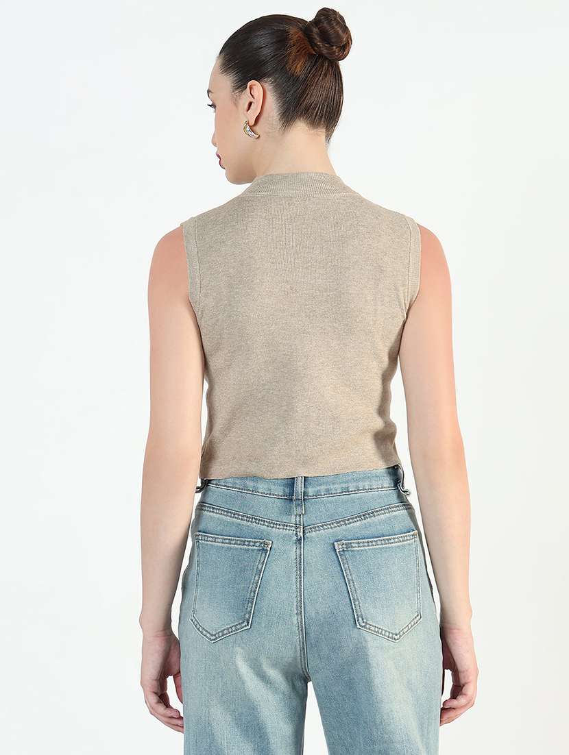 women beige solid high rise sleeveless crop top - 21946367 -  Standard Image - 3