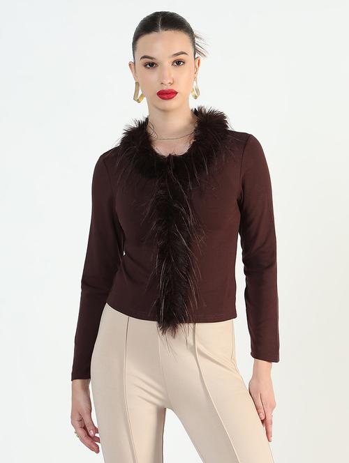 women solid long sleeve fur detailed regular top - 21946373 - Standard Image - 0
