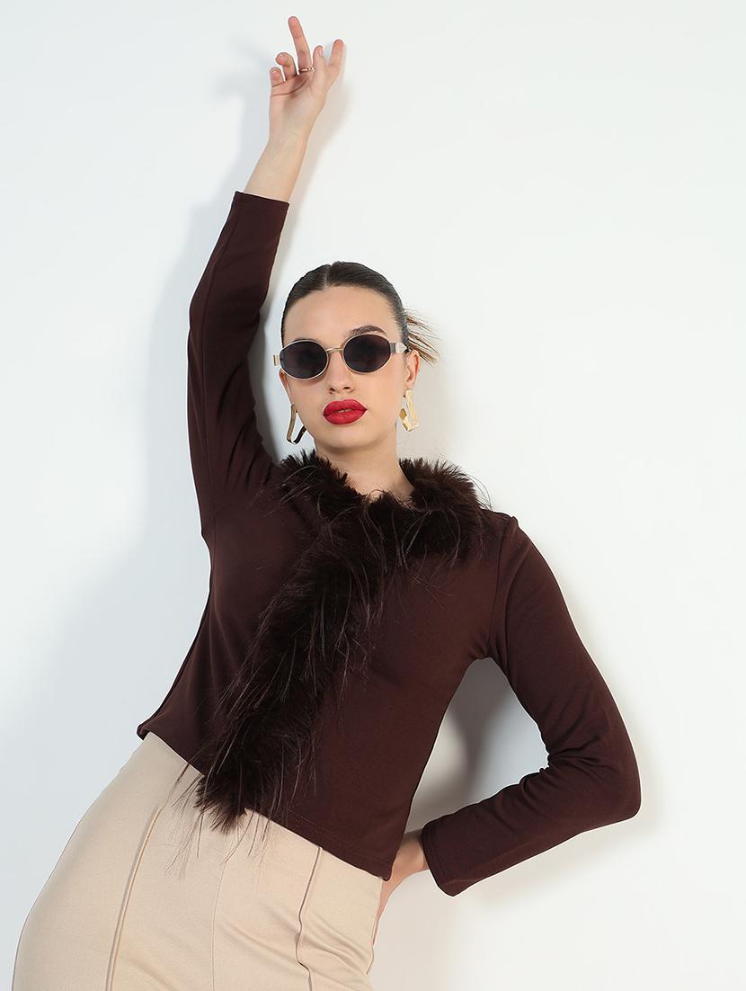 women solid long sleeve fur detailed regular top - 21946373 - Standard Image - 3