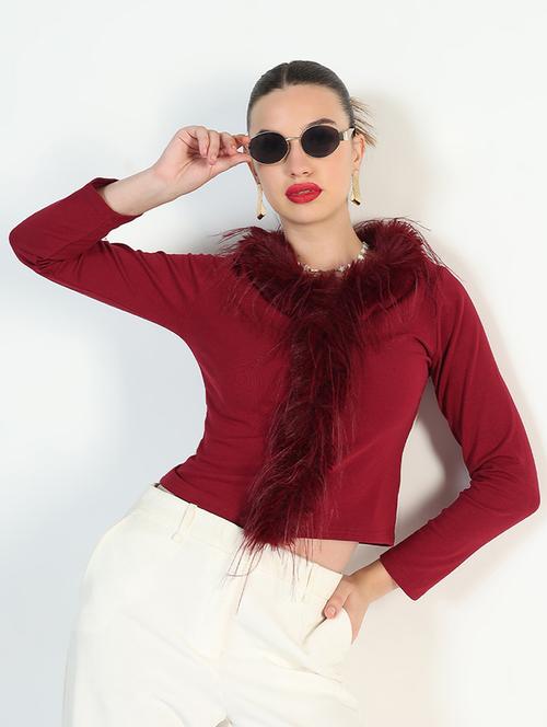 women maroon solid long sleeve fur detailed regular top - 21946374 - Standard Image - 0