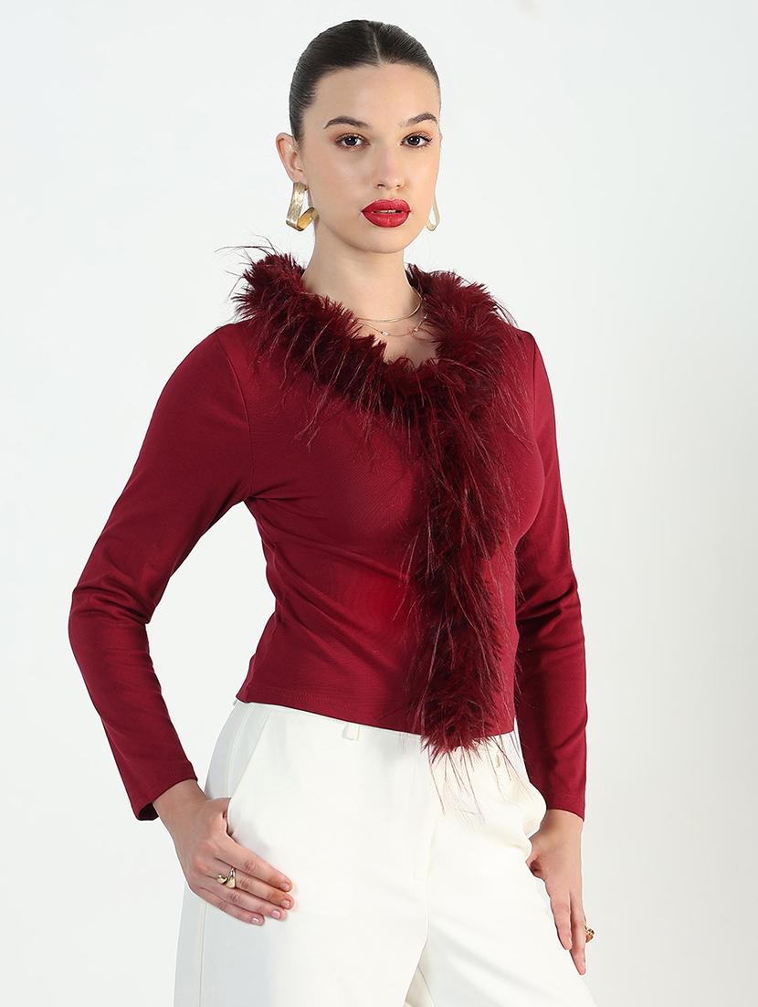 women maroon solid long sleeve fur detailed regular top - 21946374 - Standard Image - 3