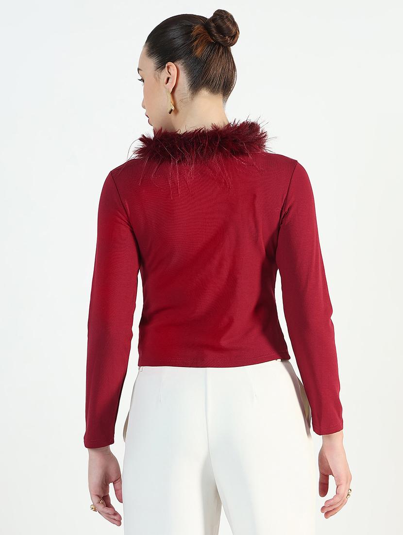 women maroon solid long sleeve fur detailed regular top - 21946374 - Standard Image - 5