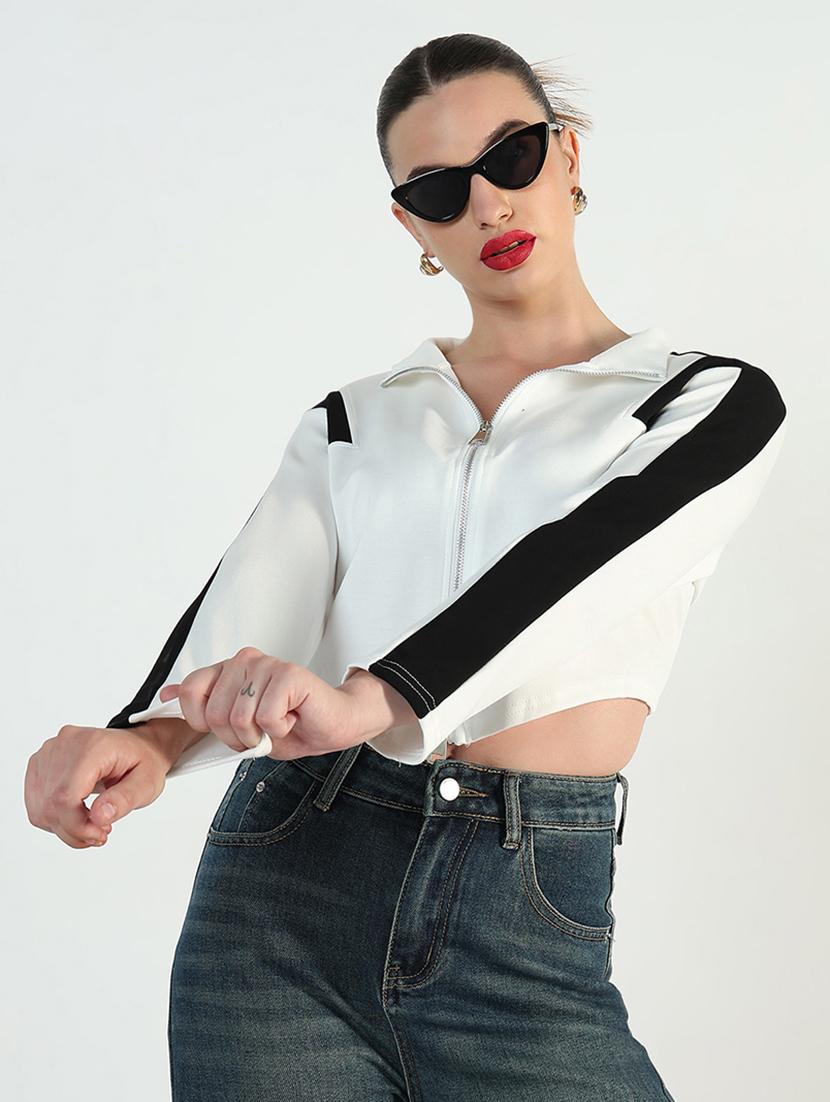 women color blocked long sleeve zip up crop top - 21946376 -  Zoom Image - 0