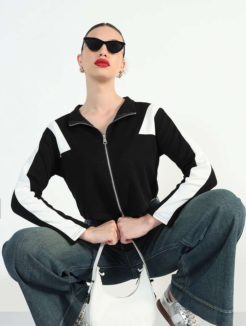 women color blocked long sleeve zip up crop top
