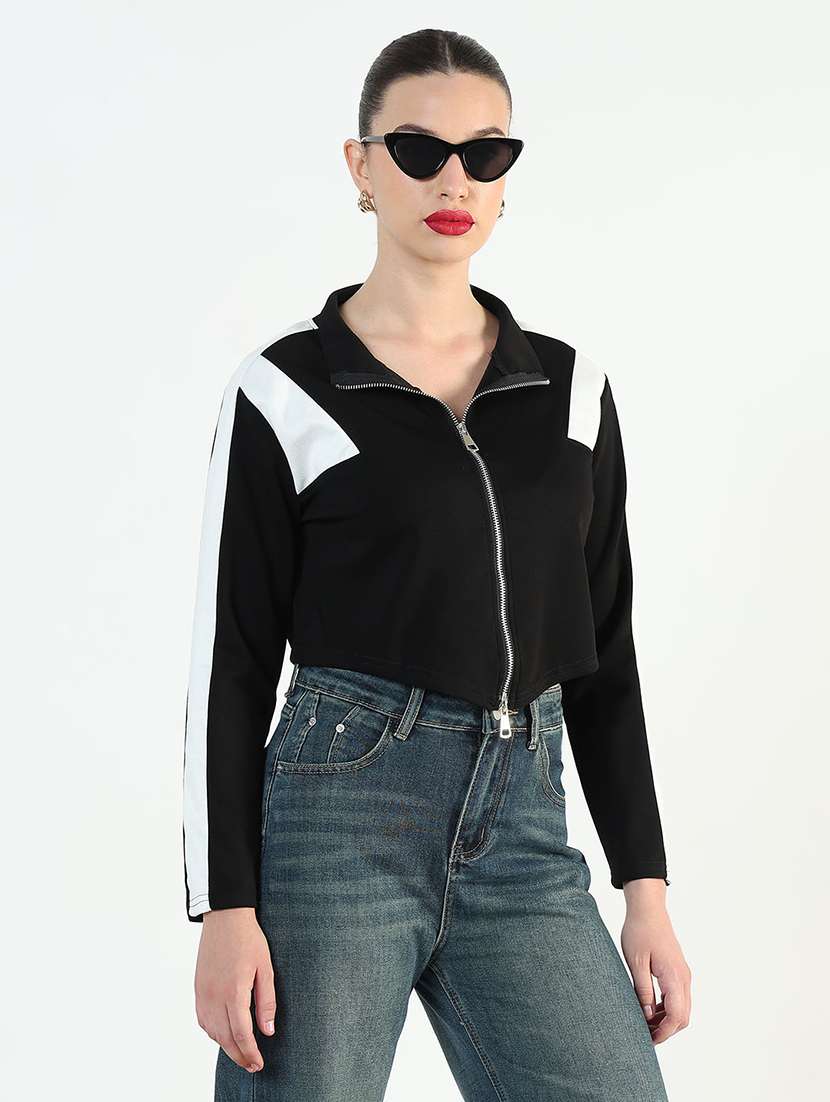 women color blocked long sleeve zip up crop top - 21946377 -  Standard Image - 3