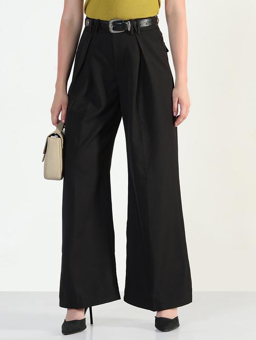 women solid high rise korean pants - 21946381 - Standard Image - 0