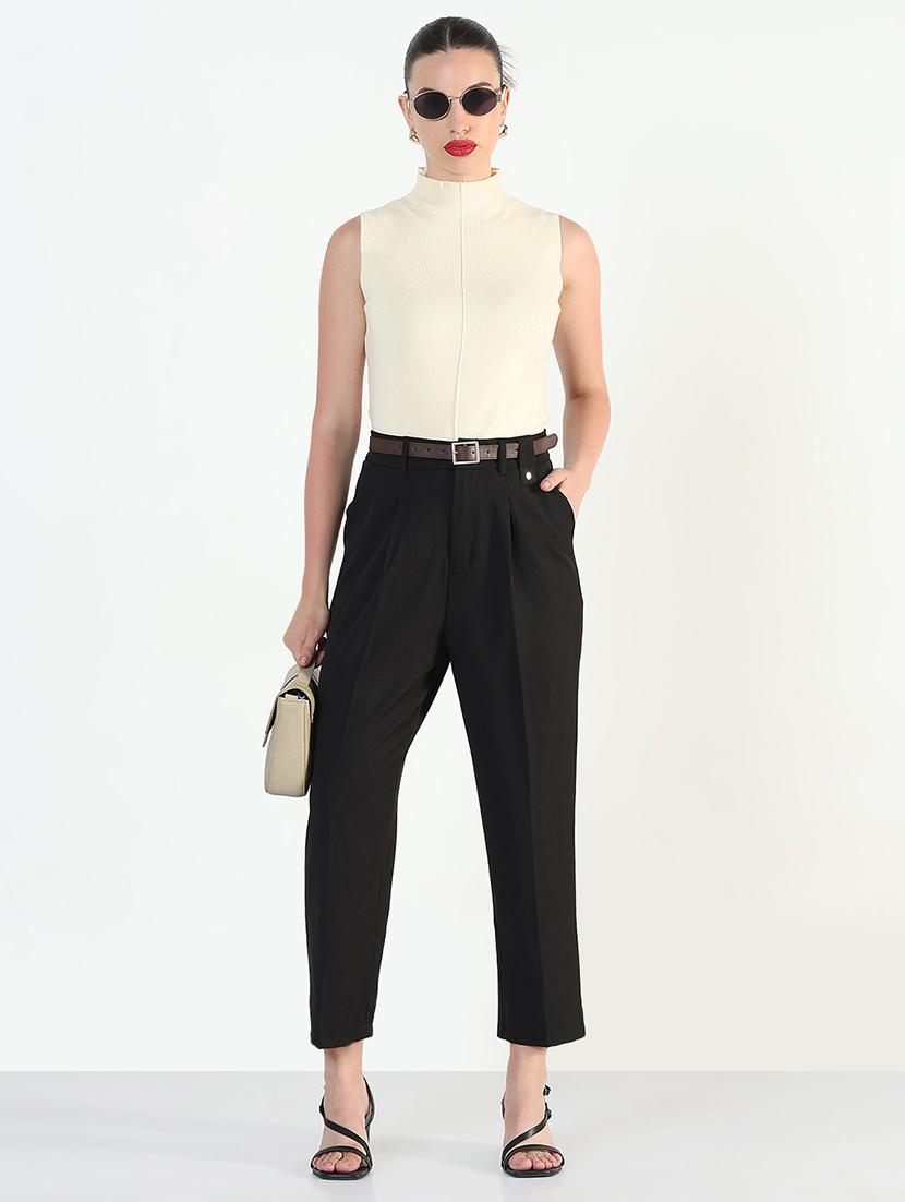 women solid high rise pleated staight trouser - 21946391 - Standard Image - 5