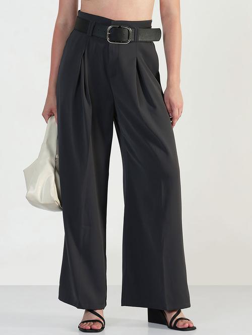 women solid high rise korean pants - 21946393 - Standard Image - 0