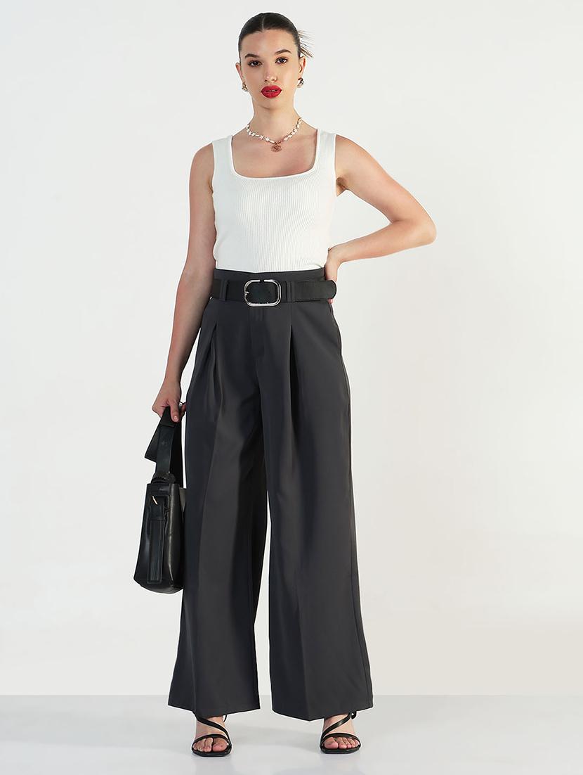 women solid high rise korean pants - 21946393 - Standard Image - 5