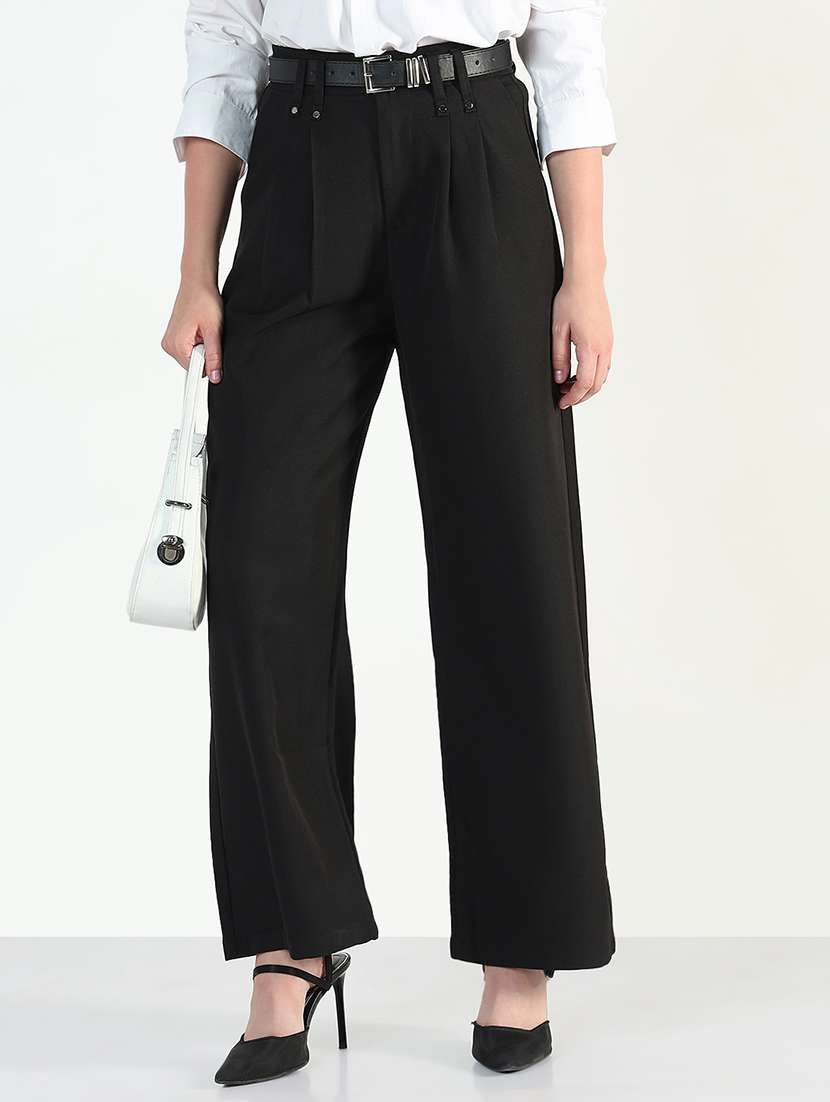 women solid high rise pleated staight trouser - 21946396 -  Zoom Image - 0