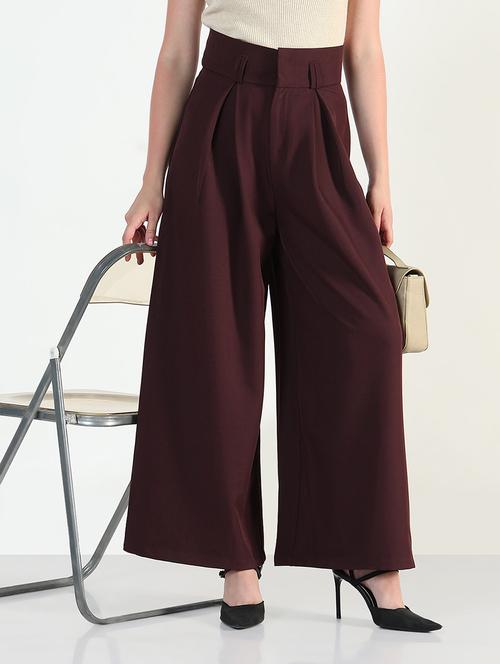 women solid high rise widw leg korean pants - 21946400 - Standard Image - 0