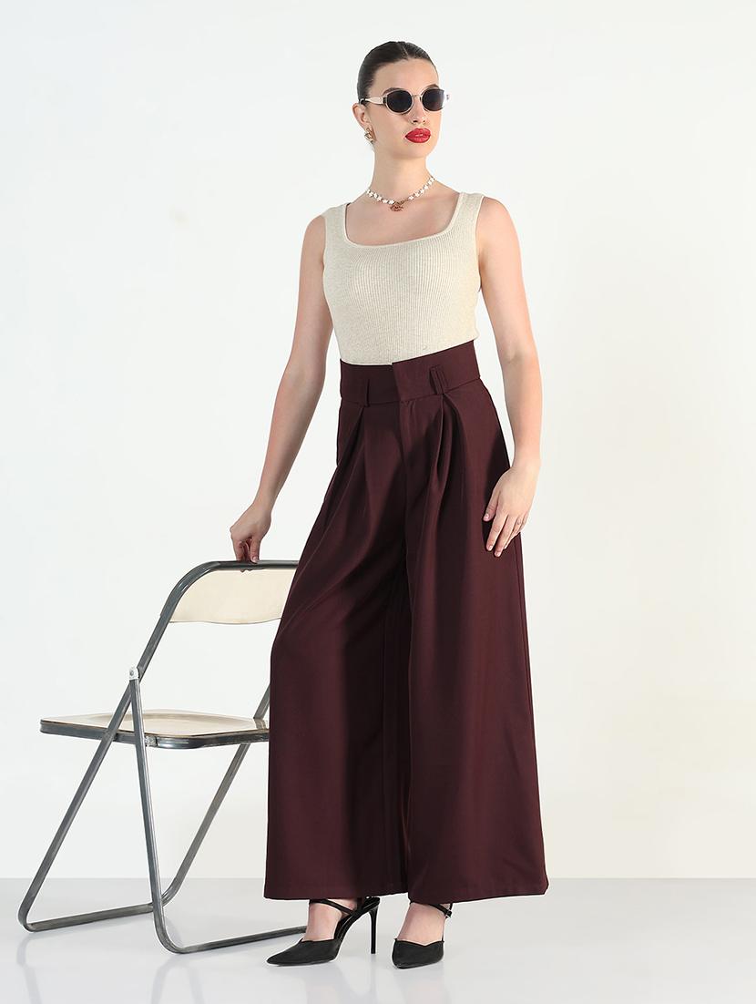 women solid high rise widw leg korean pants - 21946400 - Standard Image - 5