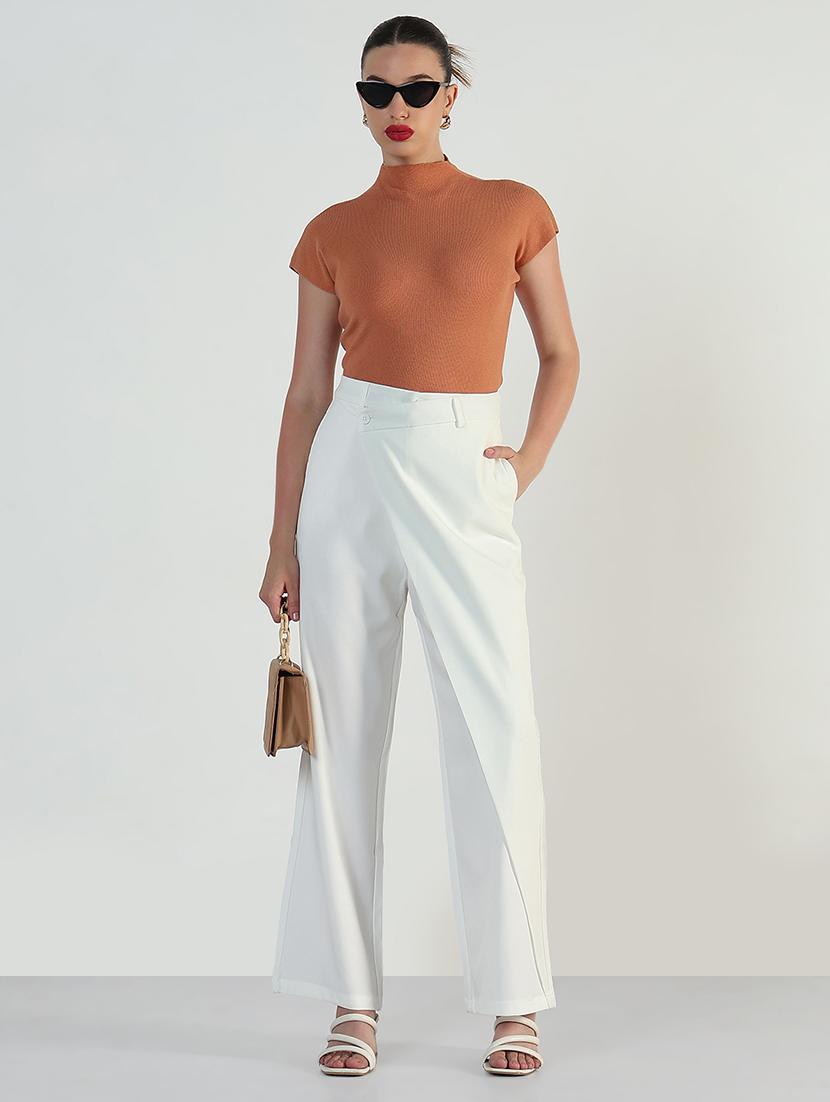 women white solid high rise straight trouser - 21946402 - Standard Image - 5