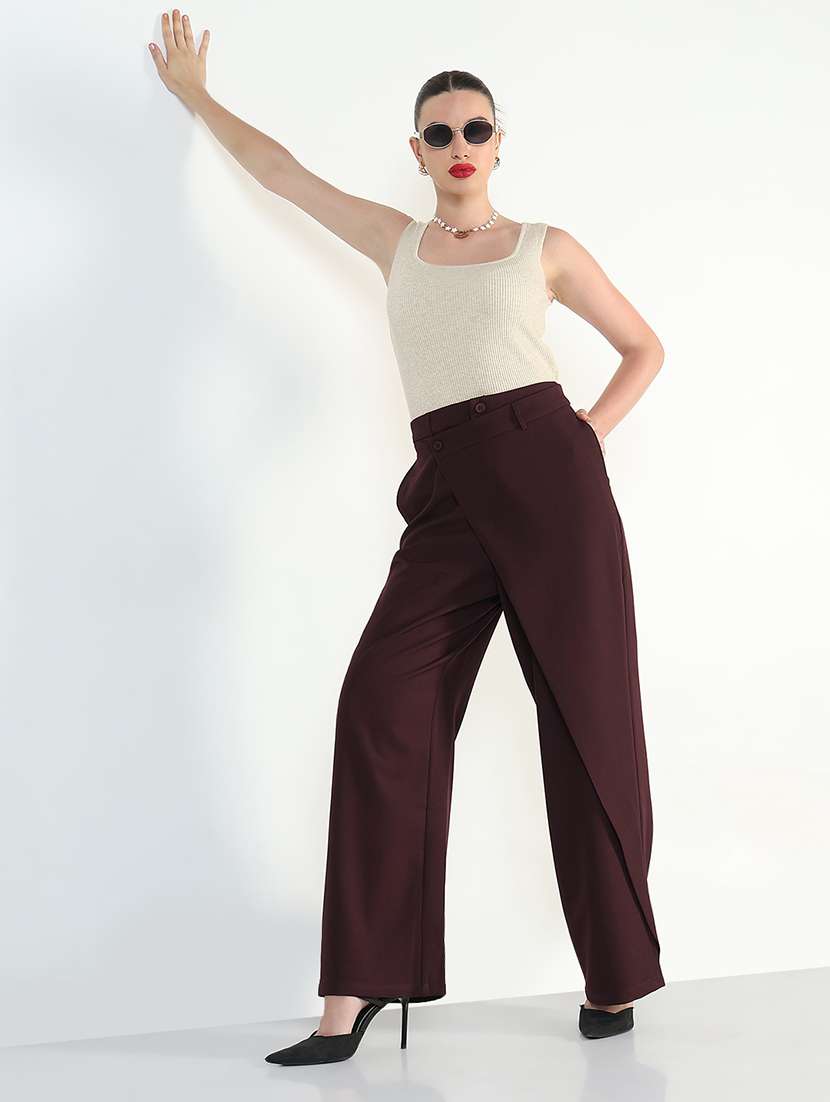 women burgundy solid high rise straight trouser - 21946403 -  Standard Image - 5