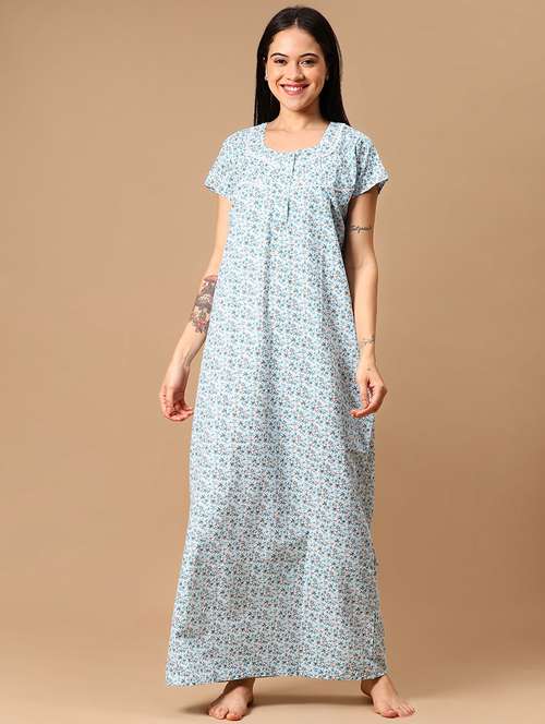 women light blue printed short sleeve nighty - 21946421 -  Standard Image - 0