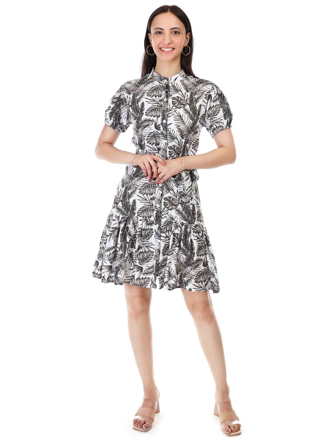 women white printed puff sleeve tiered dress - 21946606 - Zoom Image - 0