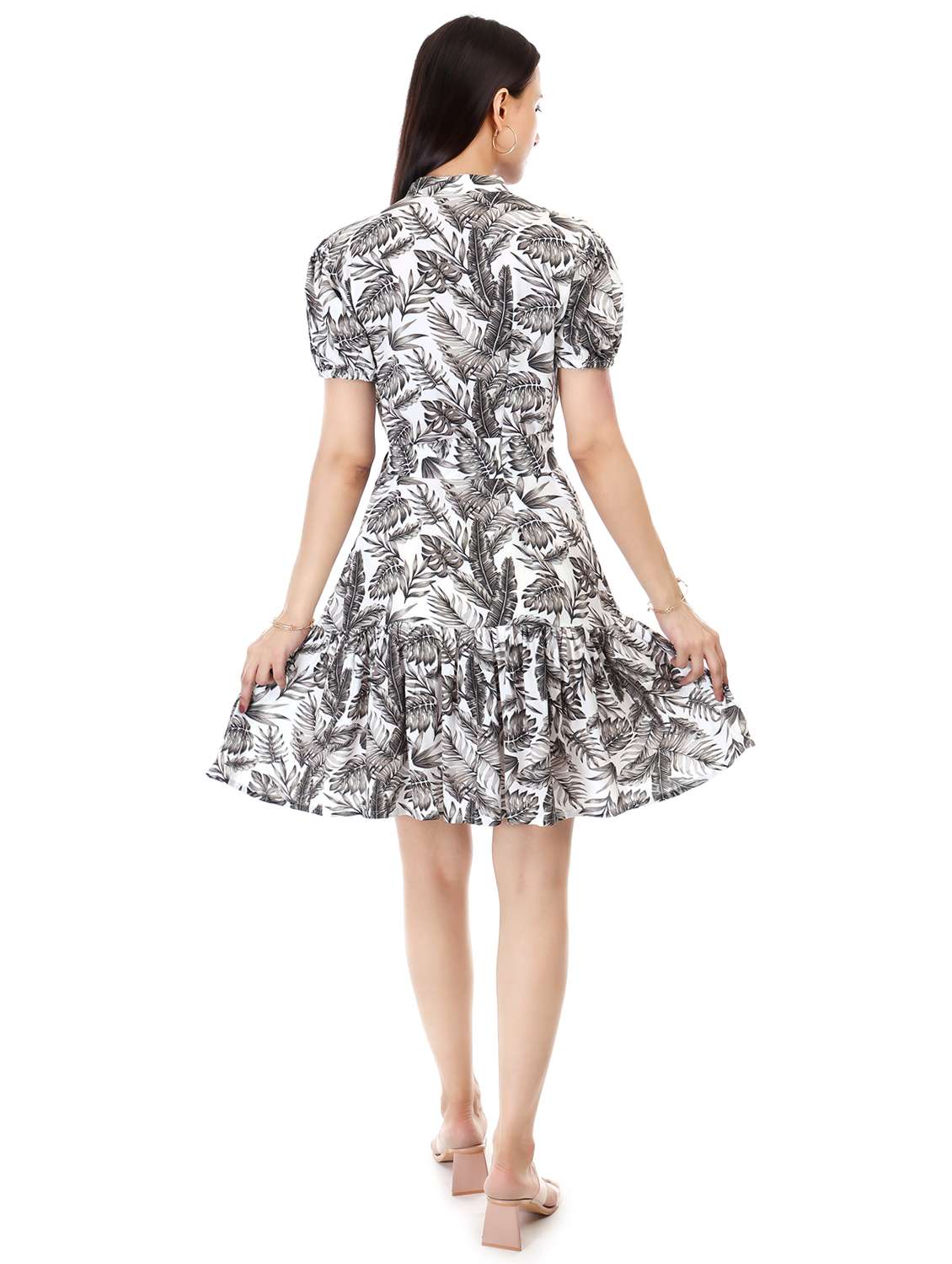 women white printed puff sleeve tiered dress - 21946606 - Standard Image - 3