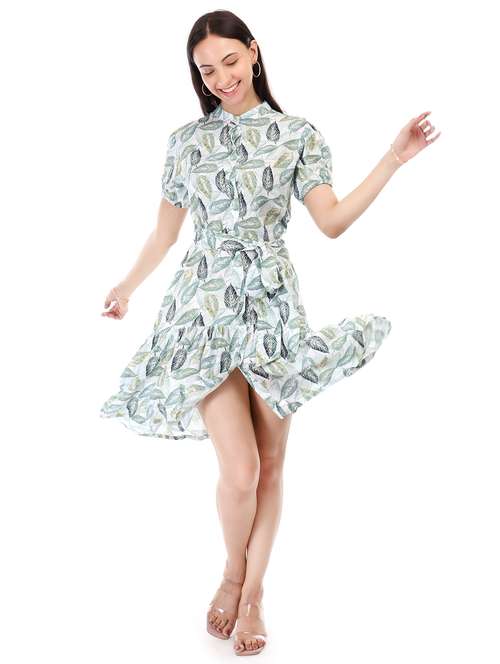 women printed mandarin neck puff sleeve tiered dress - 21946607 - Standard Image - 0