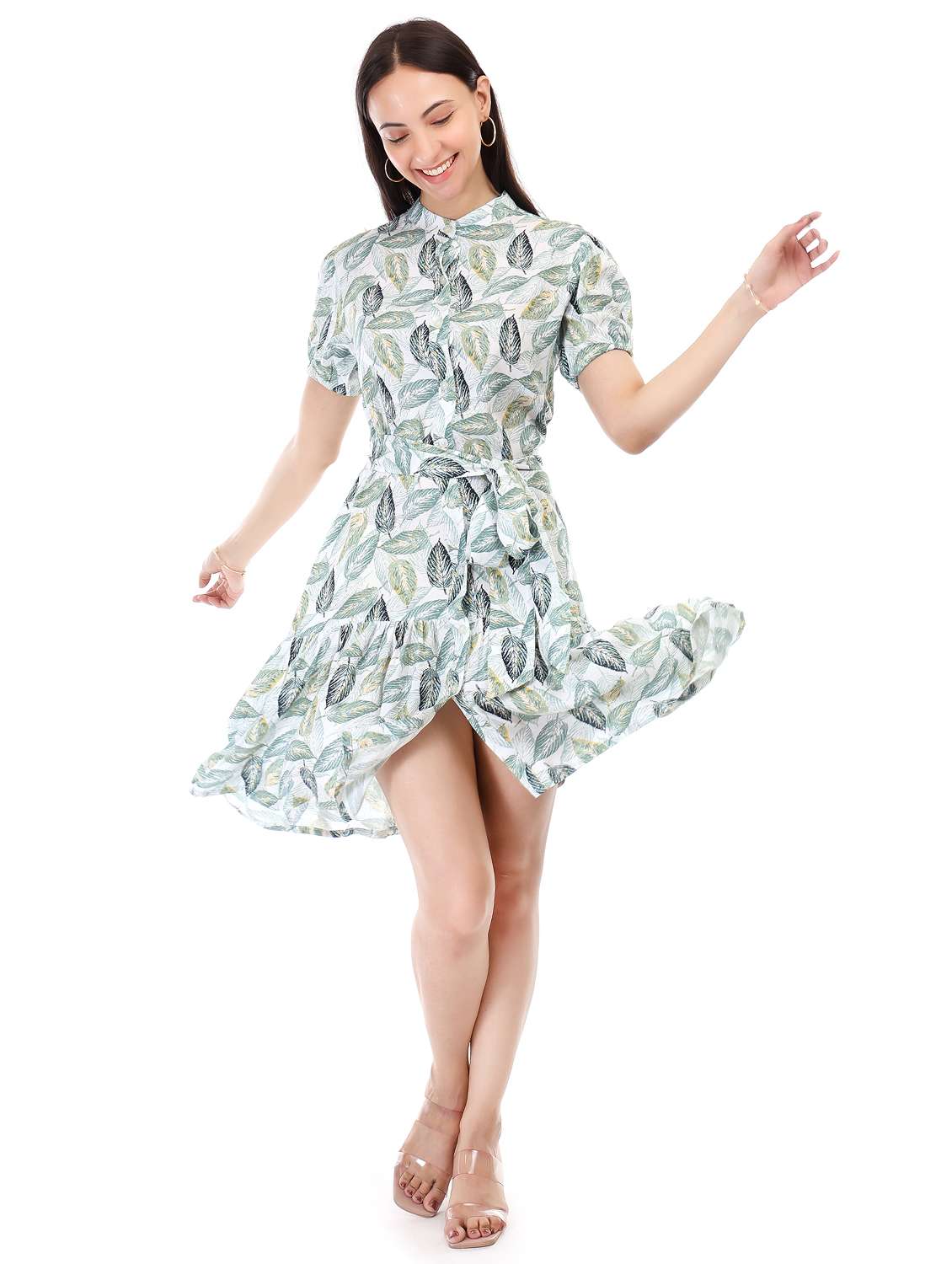 women printed mandarin neck puff sleeve tiered dress - 21946607 - Zoom Image - 0