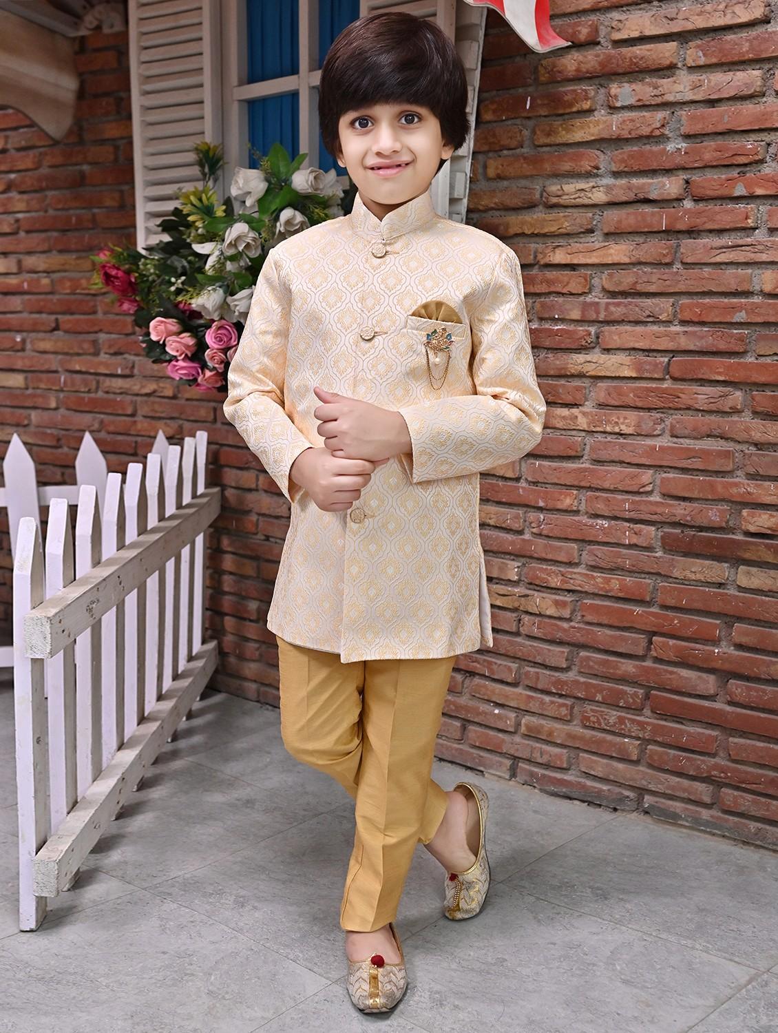 boys self design mandarin neck sherwani set