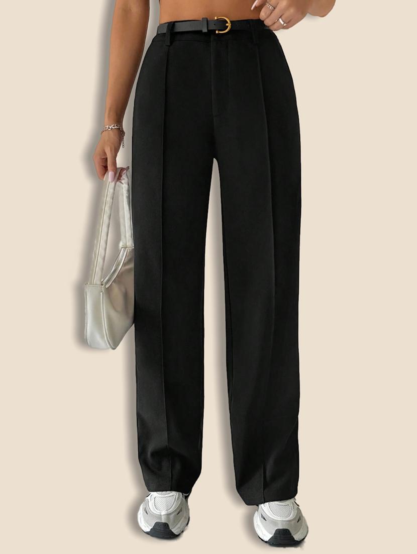 women solid high rise straight trouser