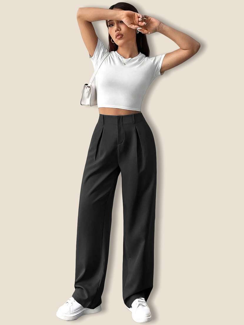 women solid high rise korean trouser - 21946788 - Standard Image - 3