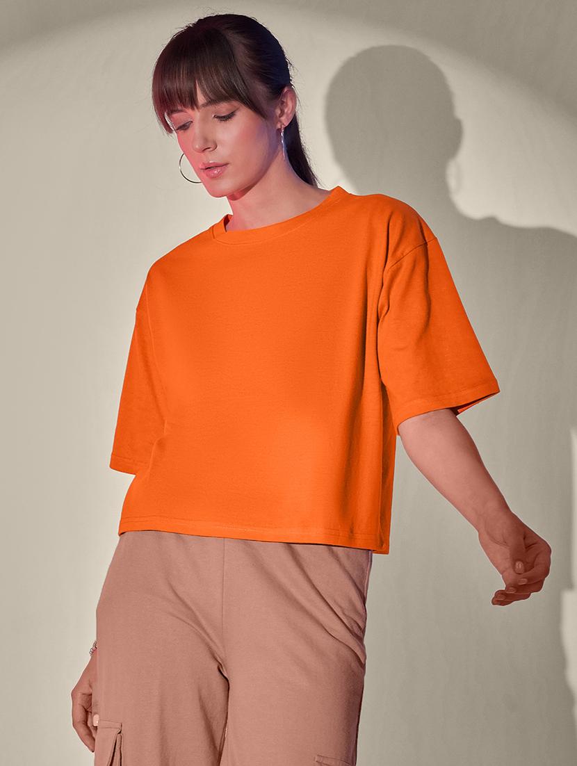women solid short sleeve crop t-shirt