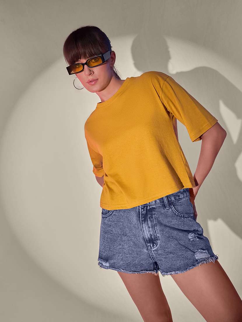 women solid short sleeve crop t-shirt - 21946803 - Standard Image - 3