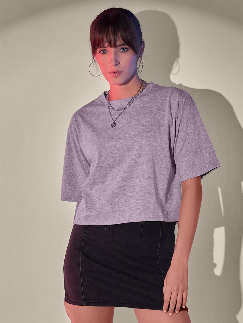 women solid short sleeve crop t-shirt - 21946807 -  Zoom Image - 0