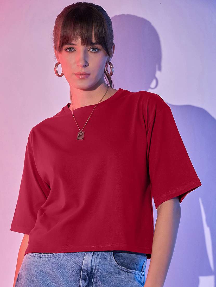 women solid short sleeve crop t-shirt
