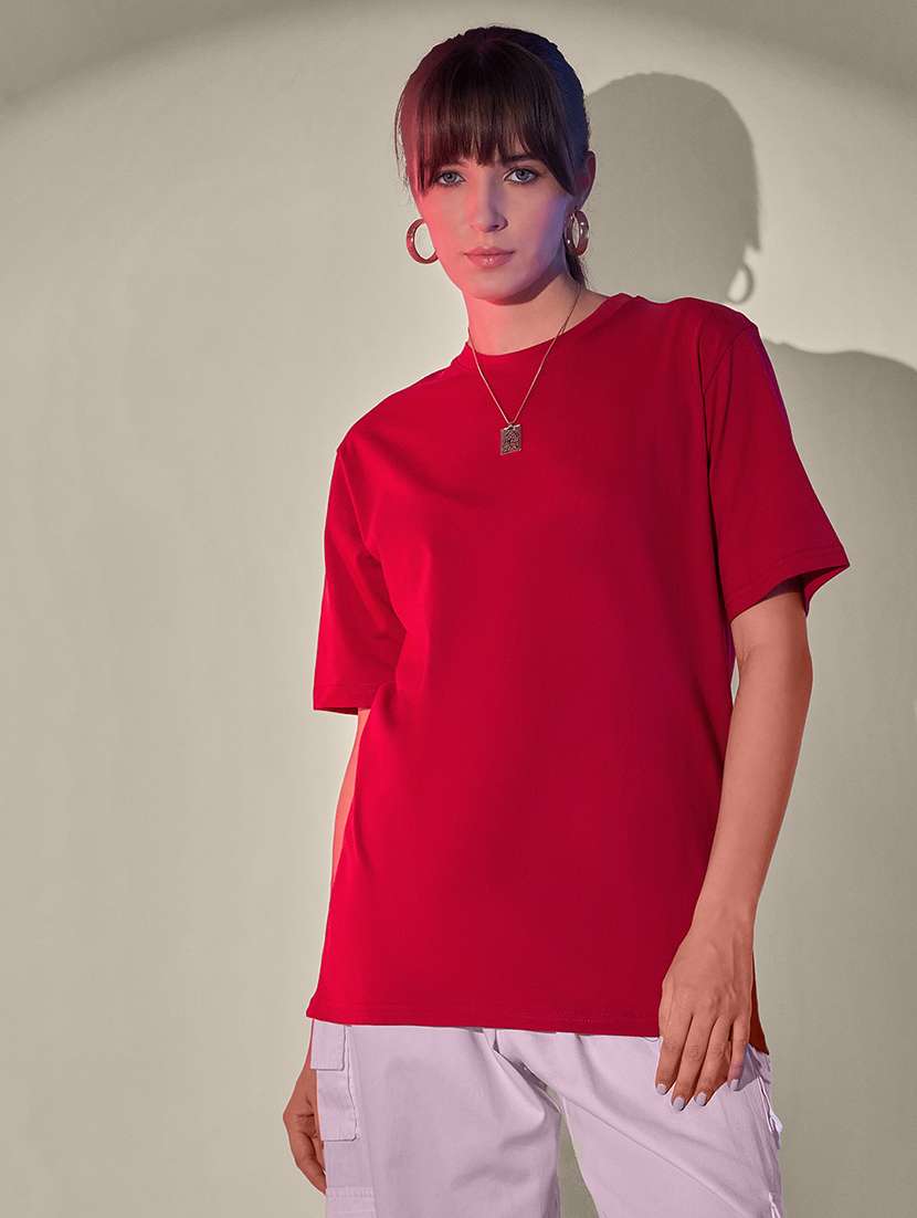 women solid short sleeve oversized t-shirt - 21946815 -  Zoom Image - 0