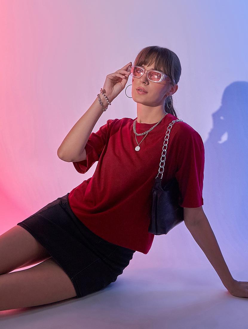 women solid short sleeve oversized t-shirt - 21946817 - Standard Image - 3