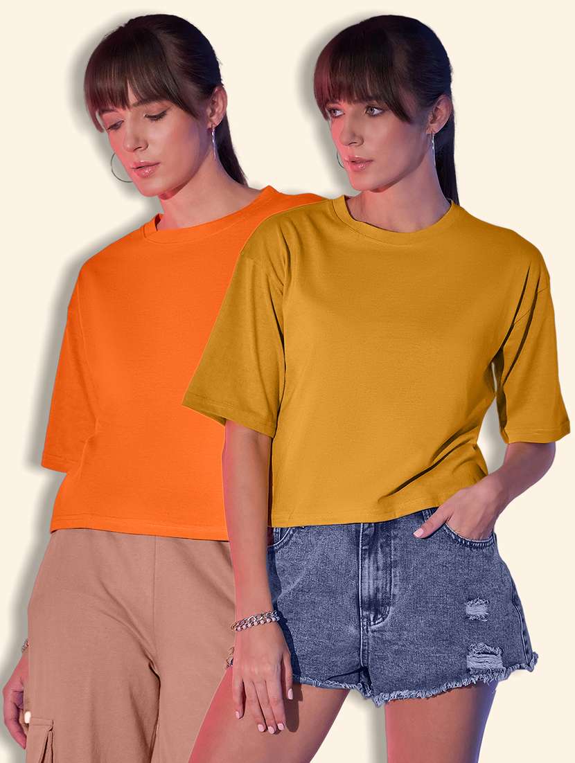 women pack of 2 solid short sleeve crop t-shirt - 21946818 -  Zoom Image - 0