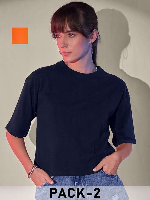 women pack of 2 solid short sleeve crop t-shirt - 21946819 - Standard Image - 0