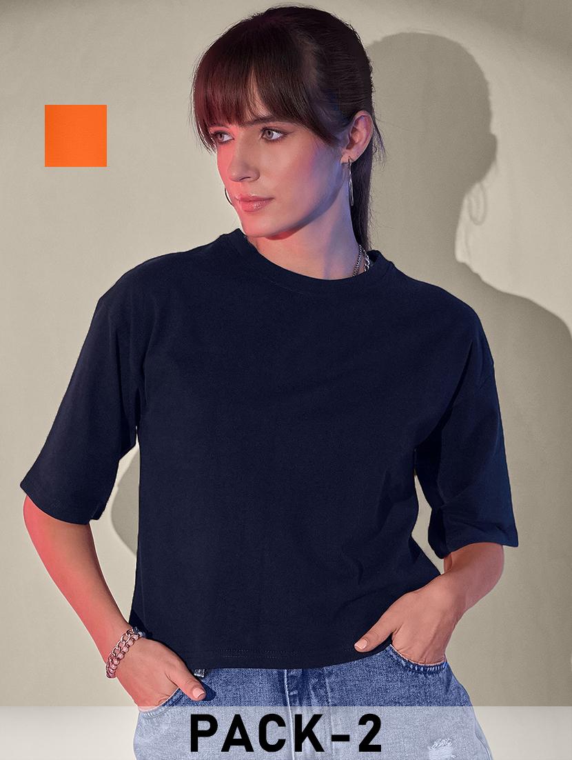 women pack of 2 solid short sleeve crop t-shirt