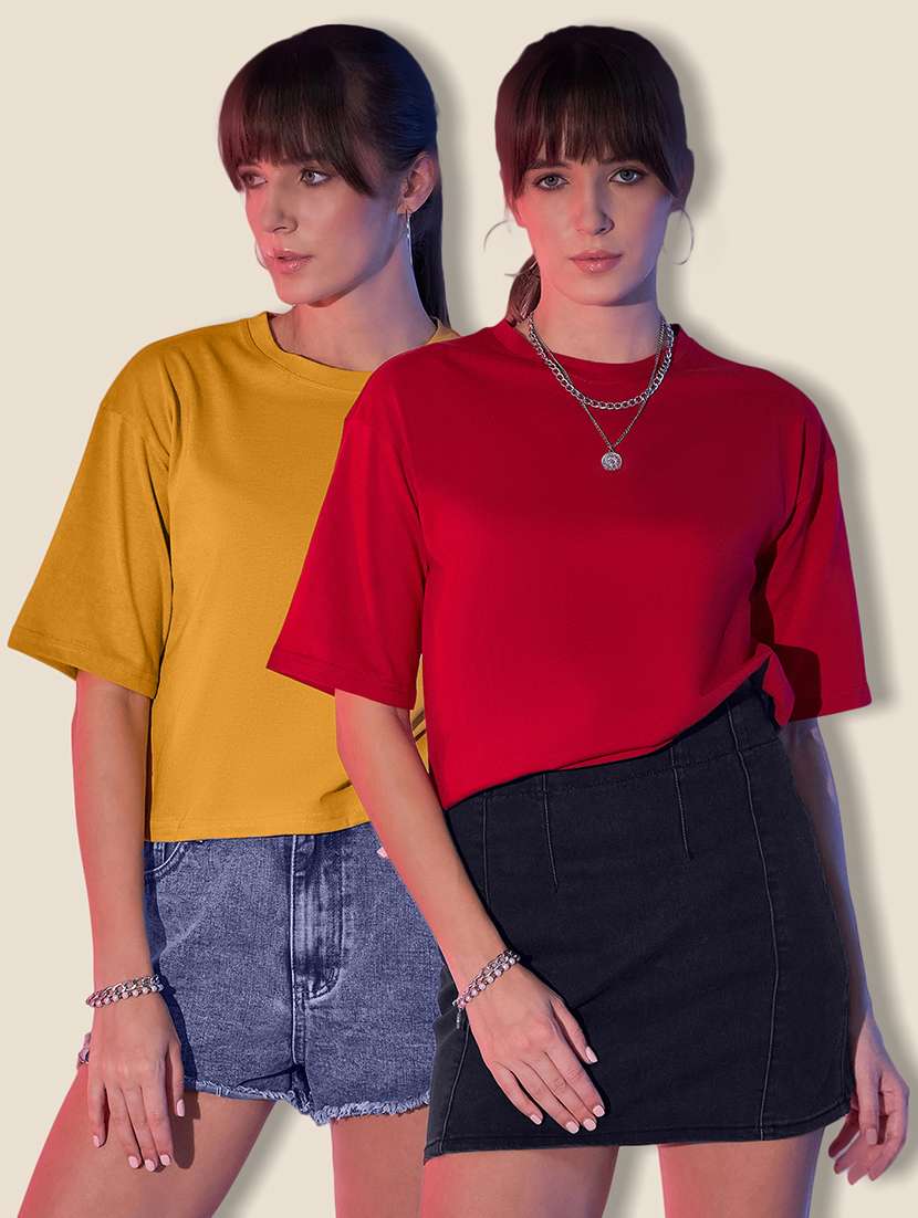 women pack of 2 solid short sleeve crop t-shirt