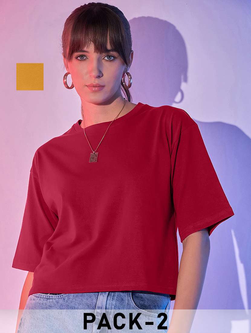 women pack of 2 solid short sleeve crop t-shirt - 21946826 - Zoom Image - 0
