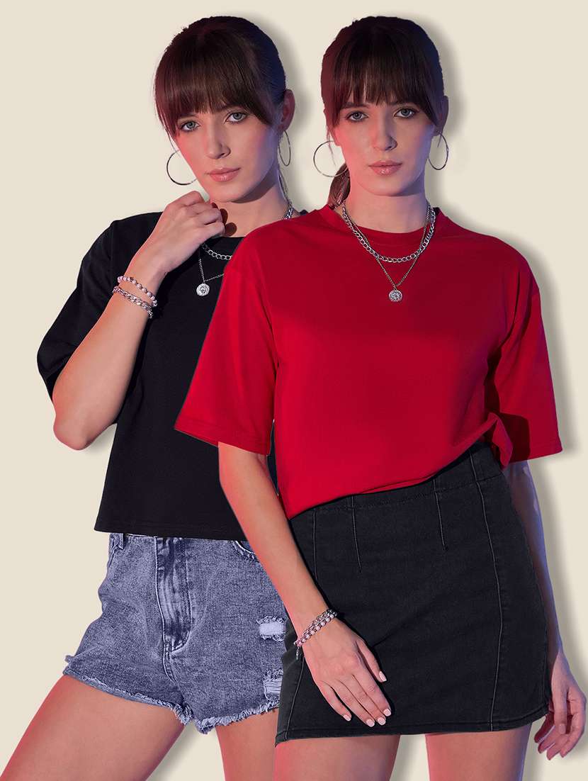 women pack of 2 solid short sleeve crop t-shirt - 21946827 - Zoom Image - 0