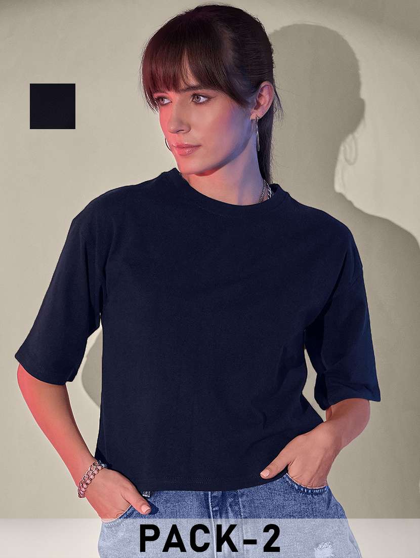 women pack of 2 solid short sleeve crop t-shirt - 21946828 - Zoom Image - 0