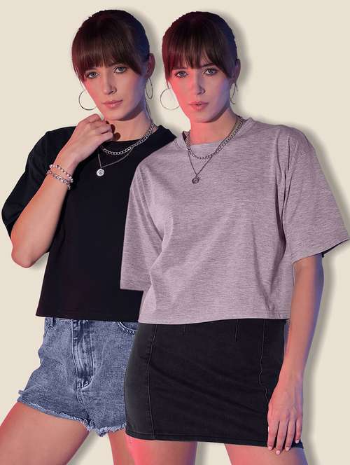 women pack of 2 solid short sleeve crop t-shirt - 21946829 -  Standard Image - 0