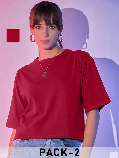 women pack of 2 solid short sleeve crop t-shirt - 21946831 - Standard Image - 0