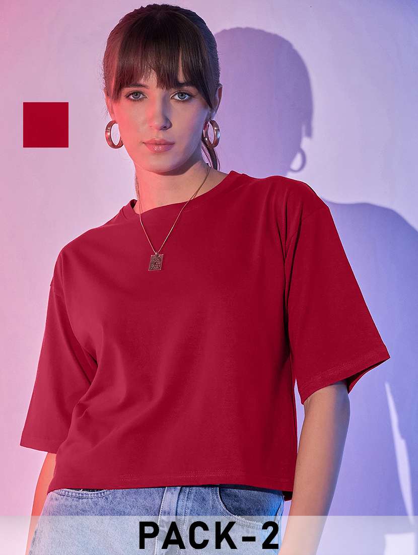 women pack of 2 solid short sleeve crop t-shirt - 21946831 - Zoom Image - 0