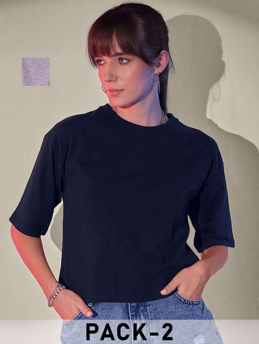 women pack of 2 solid short sleeve crop t-shirt - 21946832 - Zoom Image - 0