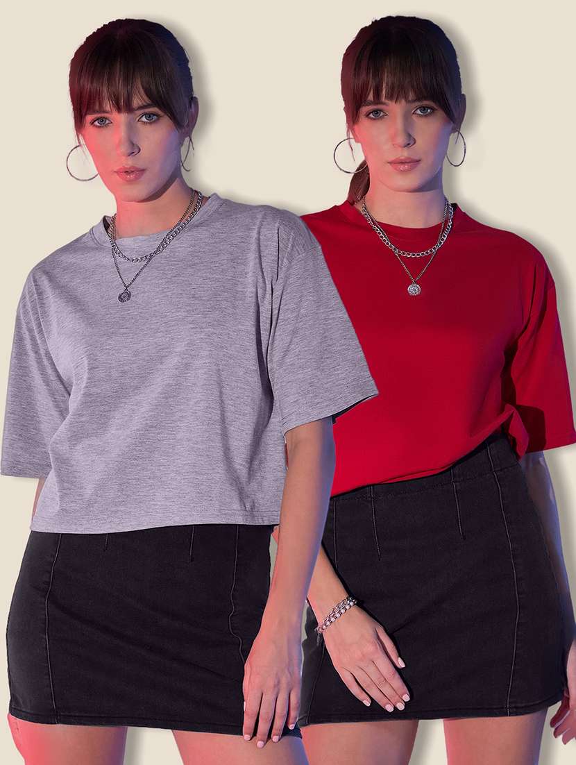 women pack of 2 solid short sleeve crop t-shirt